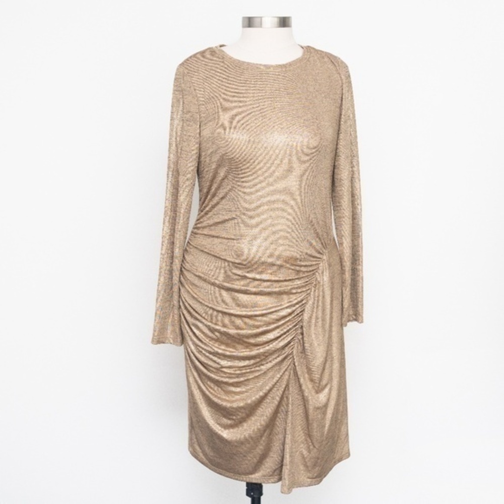 LAUREN RALPH‎ LAUREN. Gold shirred long sleeve dress. - Picture 2 of 14